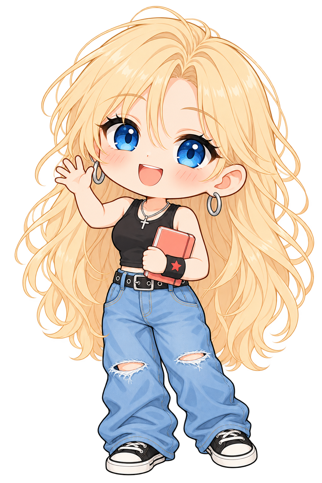 Round-faced chibi Hana waves hello, holding her notebook