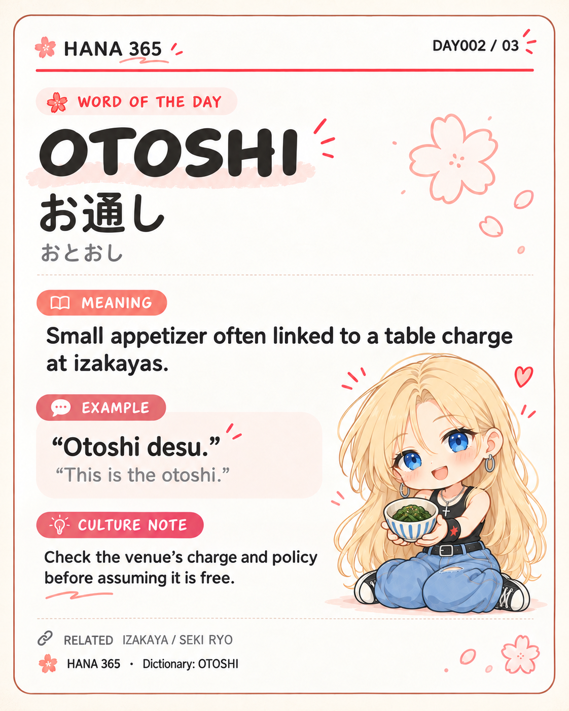 OTOSHI dictionary card: A small appetizer, often served with a table charge.