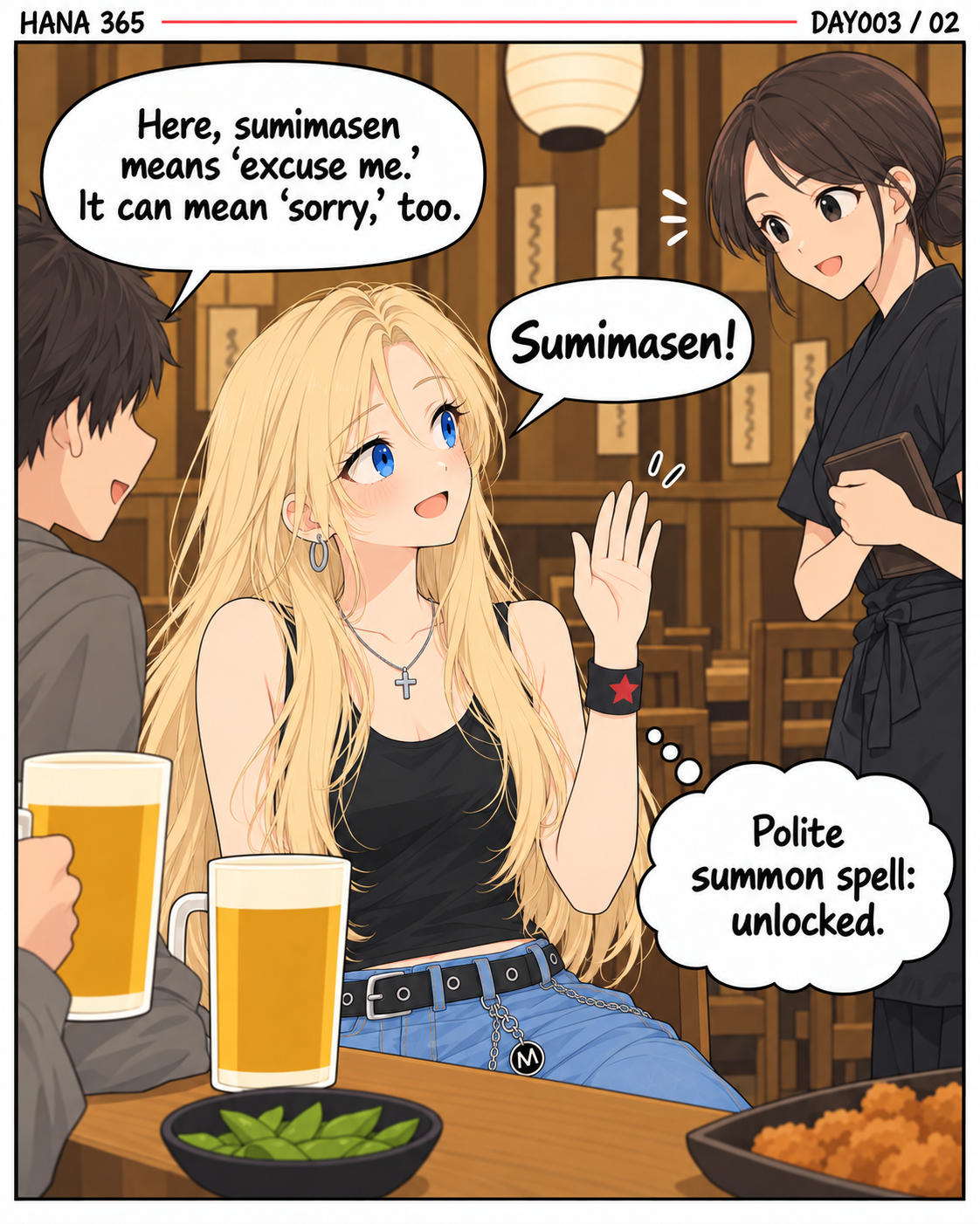 Panel 2: Hana discovers how SUMIMASEN works